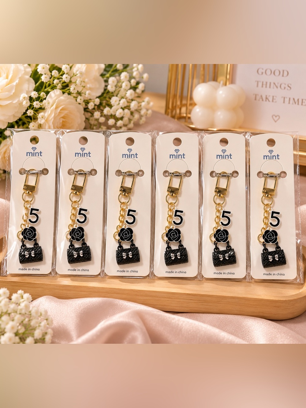 6 Black Rose & Handbag Charm Keychain with Gold Clip